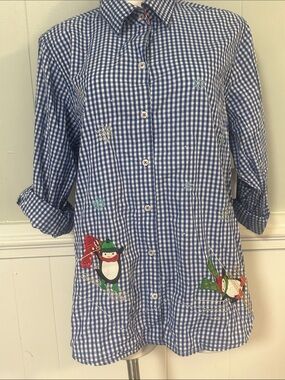 Blue Gingham Button-Down Shirt with Holiday Penguin Patches